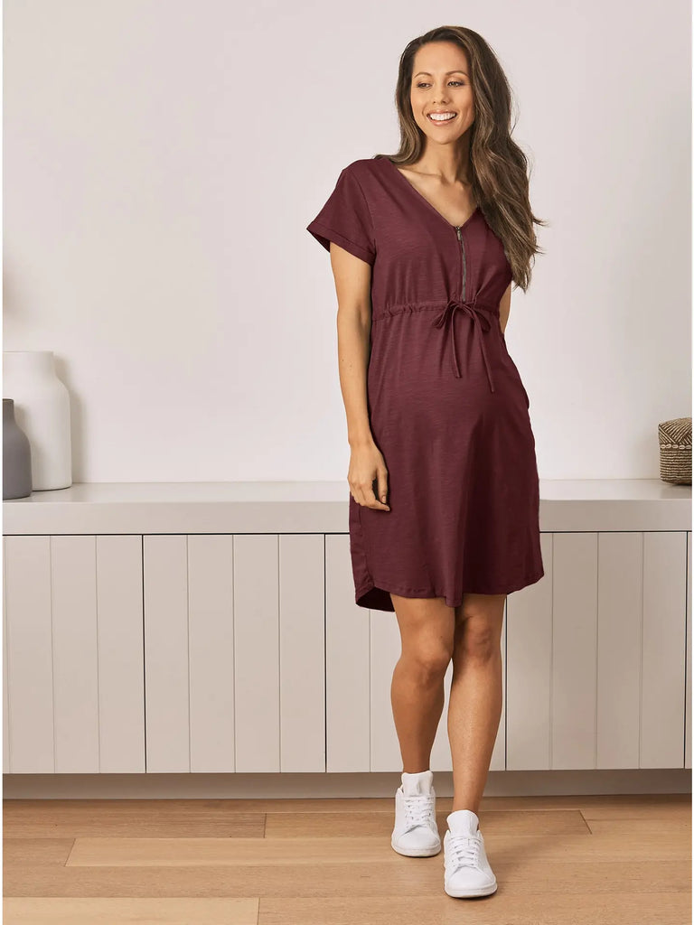 Angel Maternity Nursing Zippered Dress- Burgundy XXXL (9134875345204)