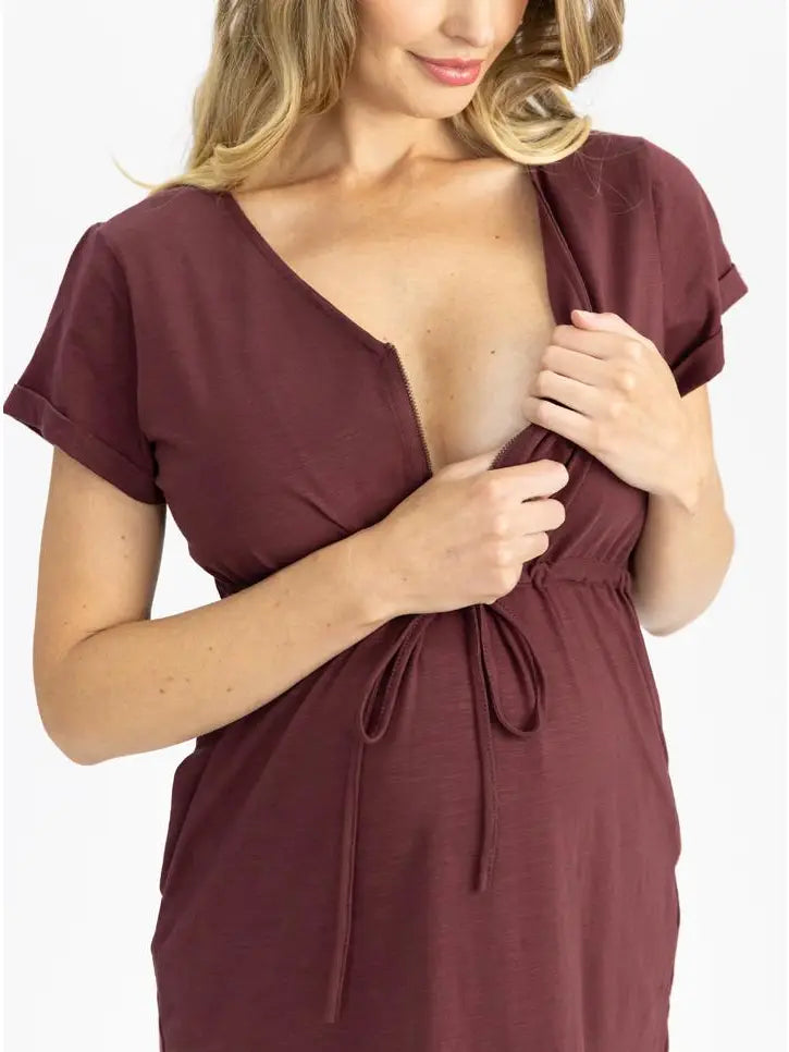 Angel Maternity Nursing Zippered Dress- Burgundy XXXL (9134875345204)