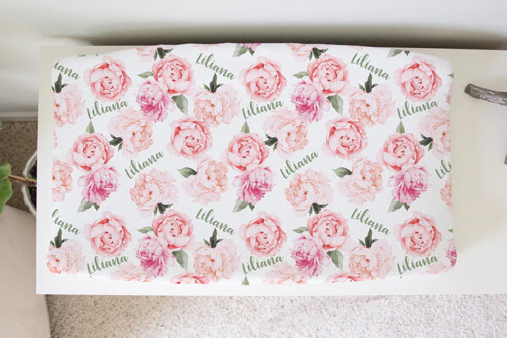 Sugar + Maple Personalized Changing Pad Cover | Peach Peonies (6758051348527)