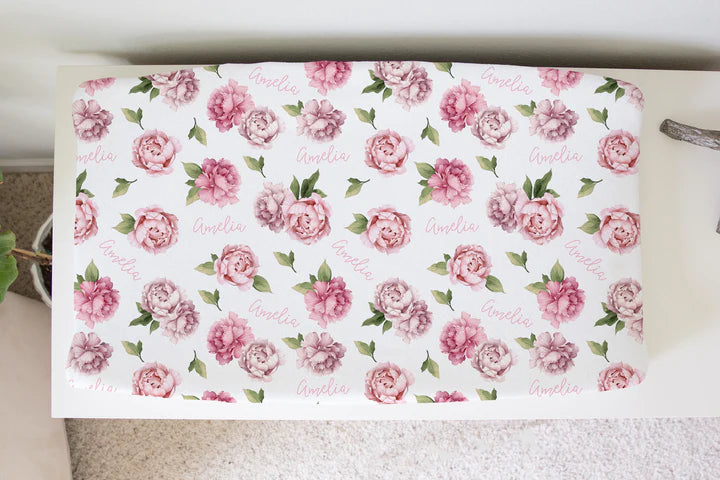 Sugar + Maple Personalized Changing Pad Cover | Pink Peonies (6758051020847)