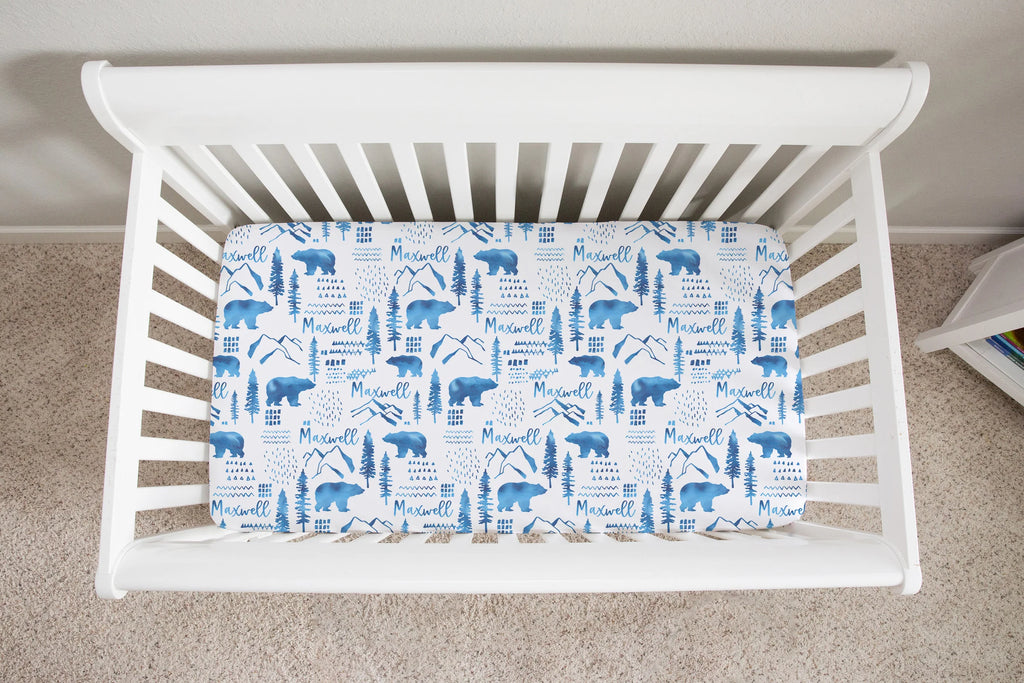Sugar + Maple Personalized Crib Sheets | Woodland Blue (6758064291887)