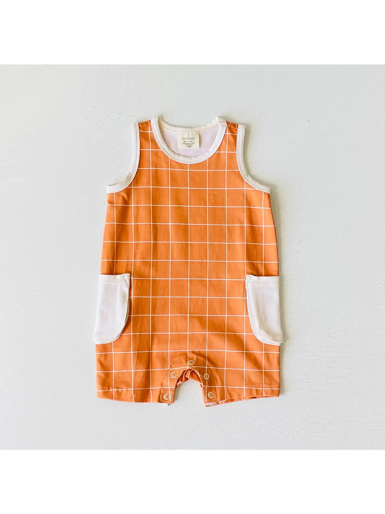 Clementine Checkered Pocket Baby Romper (Organic Jersey) (8139675468084)