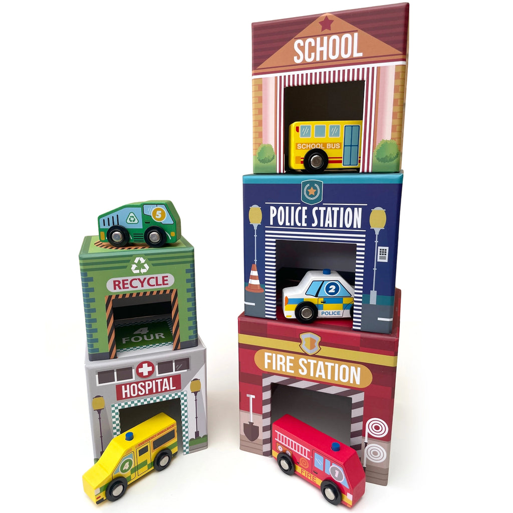 BeeSmartToys- Traffic Match 'N Stack Blocks With Wooden Vehicles (7133407412271)