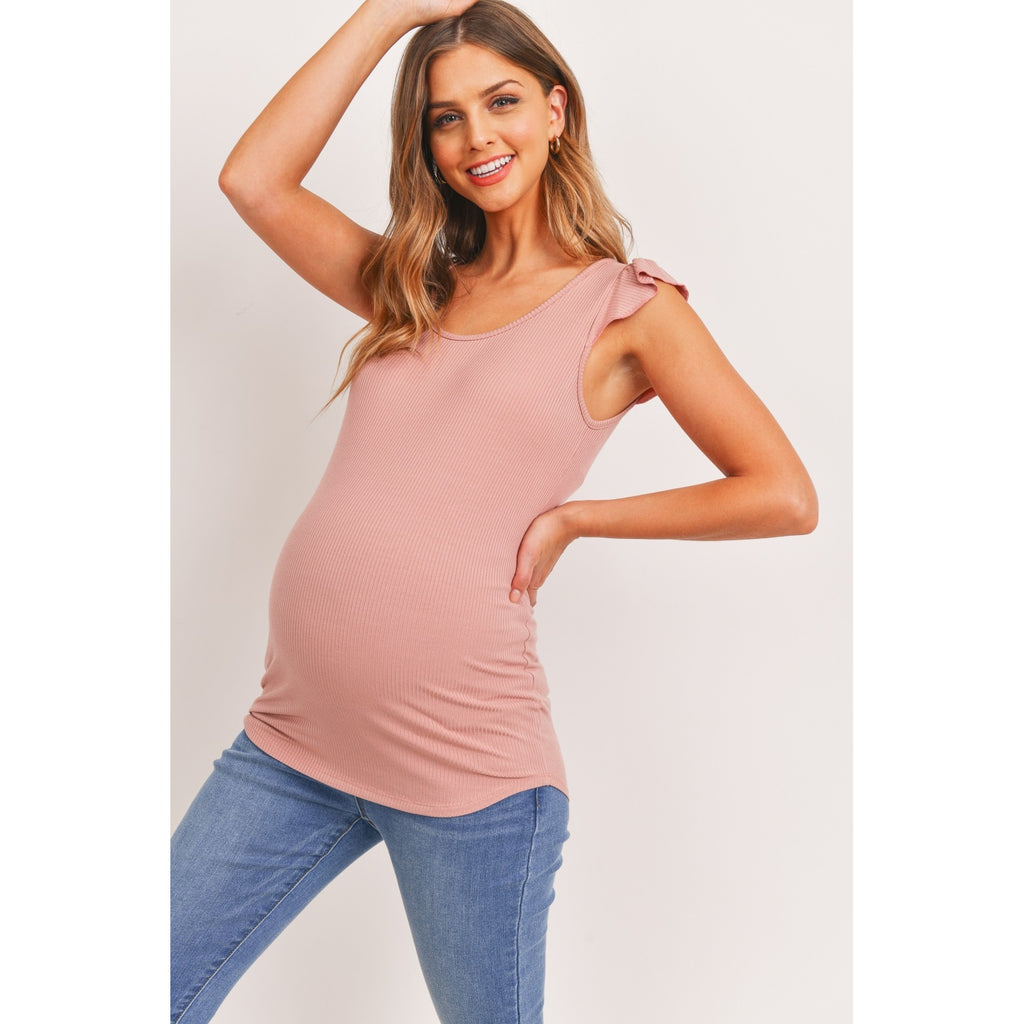 Hello Miz Ruffle Sleeve Ribbed Maternity Top- Pink