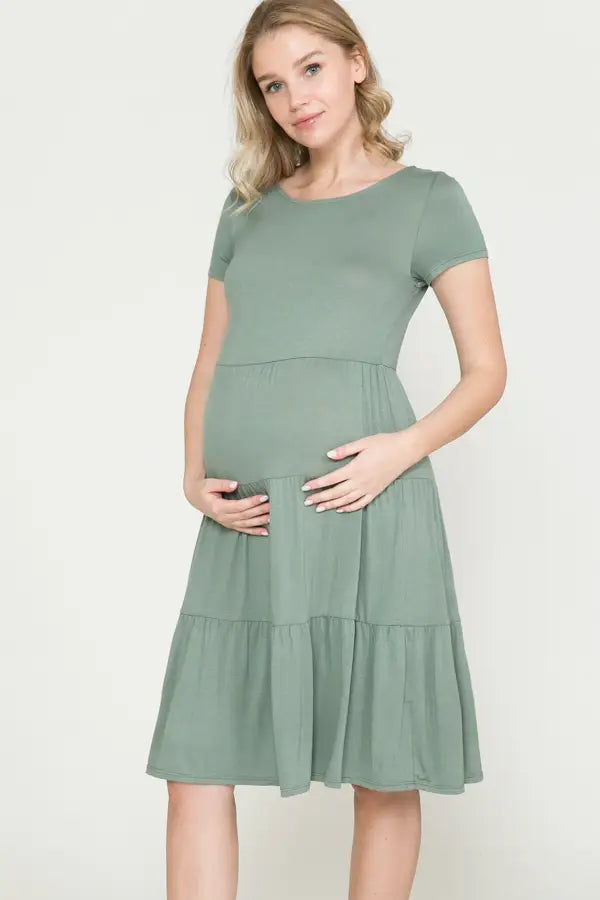 Maternity Round Neck Layered Shirred Dress (8114274304308)