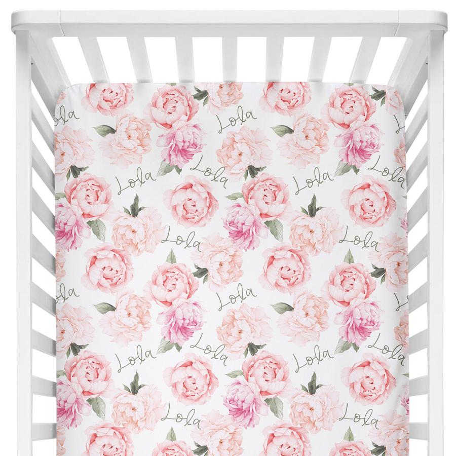 Sugar + Maple Personalized Crib Sheets - Peach Peony Blooms (6758063079471)