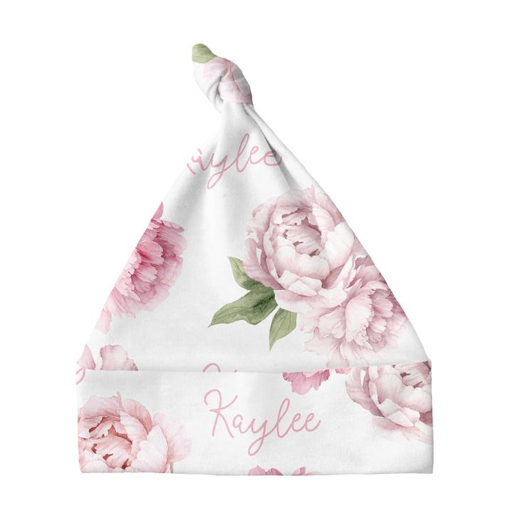Sugar + Maple Personalized Knotted Baby Hat - Pink Peonies (6758028476463)